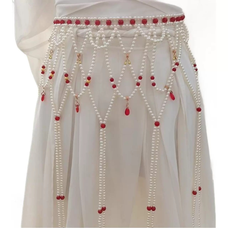 Αλυσίδα μέσης με μακριά φούντες και μαργαριτάρια, πλαστικό υλικό, διπλός δακτύλιος, 60–80 εκ, κομψή, προσαρμόσιμη