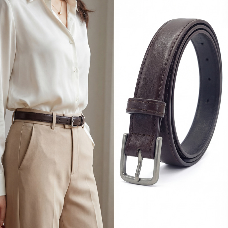 Женски колан за рокля и дънки — PU материал, катарама от сплав, закопчаване с щифт, тънък стил, ширина под 2 см, електроплакиран
