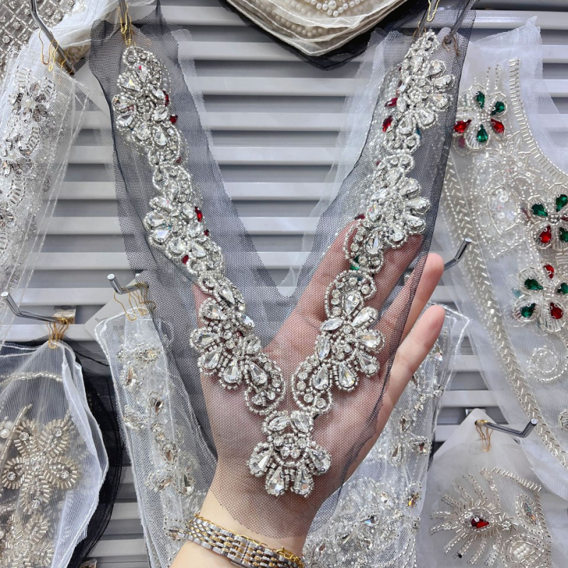 Dantelă din rayon, lucrată manual, cu mărgele și paiete, aplicație florală pentru haine de femei, rochii de mireasă, DIY