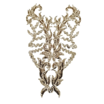 Patch broderie dantelă cu bază din plasă hexagonală și fir poliester – paiete și mărgele pentru rochii de mireasă, dans și de seară