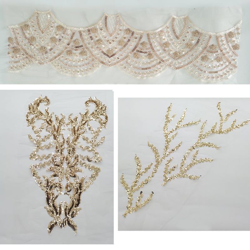 Patch broderie dantelă cu bază din plasă hexagonală și fir poliester – paiete și mărgele pentru rochii de mireasă, dans și de seară