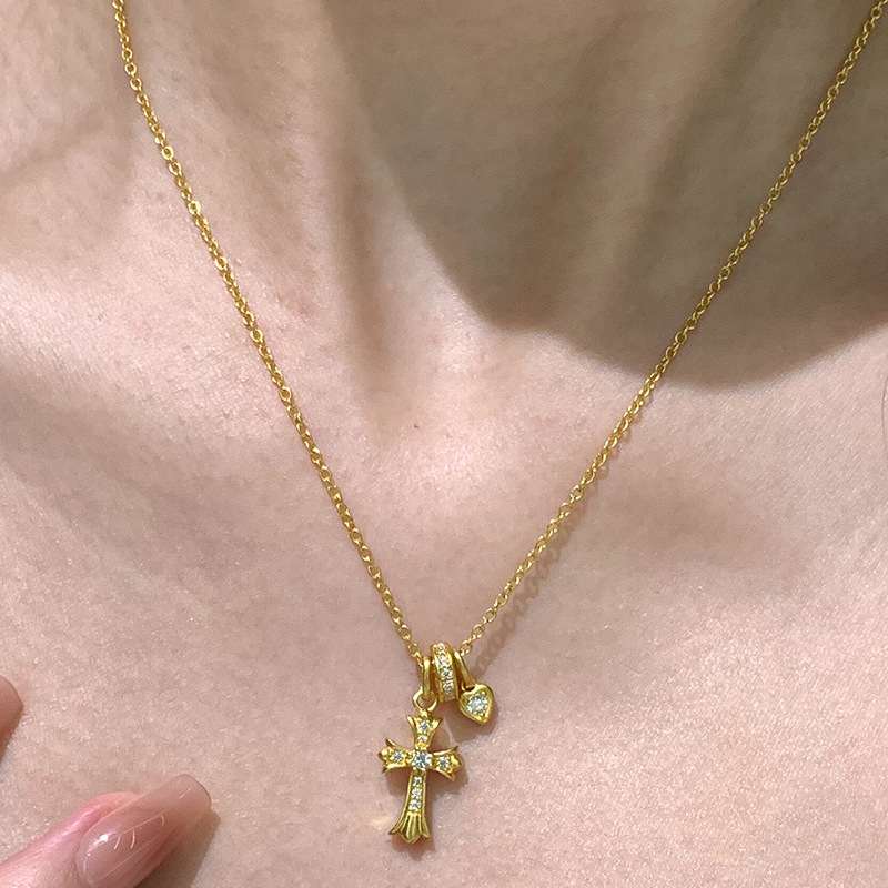 Κολιέ με γεωμετρικό σχέδιο και μοτίβο σταυρού-καρδιάς, φιλικός προς το περιβάλλον χαλκός, ηλεκτροεπάλειψη, κρεμαστό από κράμα, απλή αλυσίδα