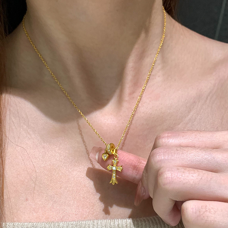 Κολιέ με γεωμετρικό σχέδιο και μοτίβο σταυρού-καρδιάς, φιλικός προς το περιβάλλον χαλκός, ηλεκτροεπάλειψη, κρεμαστό από κράμα, απλή αλυσίδα