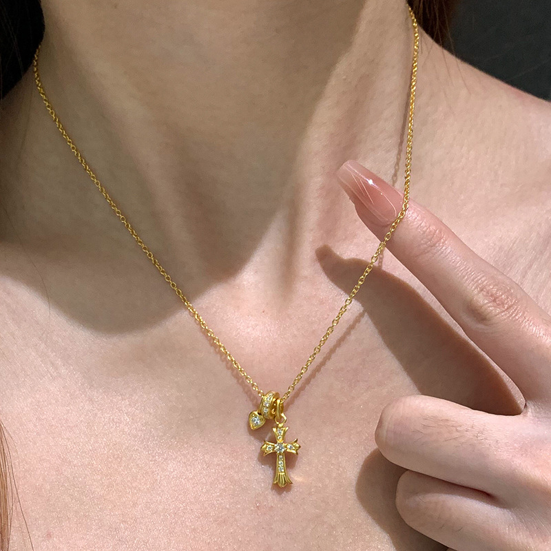 Κολιέ με γεωμετρικό σχέδιο και μοτίβο σταυρού-καρδιάς, φιλικός προς το περιβάλλον χαλκός, ηλεκτροεπάλειψη, κρεμαστό από κράμα, απλή αλυσίδα