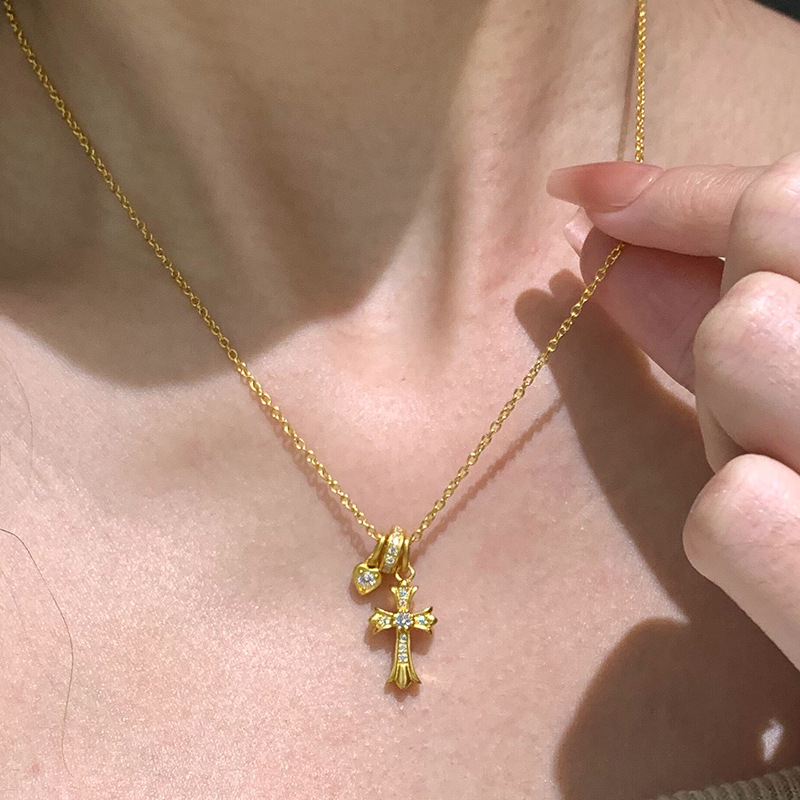 Κολιέ με γεωμετρικό σχέδιο και μοτίβο σταυρού-καρδιάς, φιλικός προς το περιβάλλον χαλκός, ηλεκτροεπάλειψη, κρεμαστό από κράμα, απλή αλυσίδα