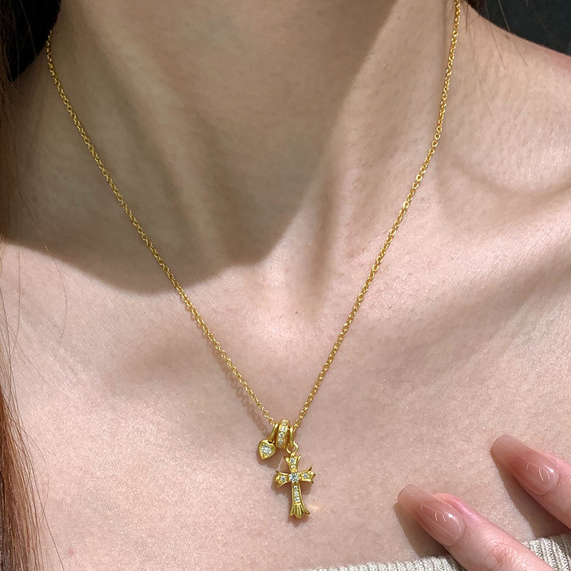 Κολιέ με γεωμετρικό σχέδιο και μοτίβο σταυρού-καρδιάς, φιλικός προς το περιβάλλον χαλκός, ηλεκτροεπάλειψη, κρεμαστό από κράμα, απλή αλυσίδα