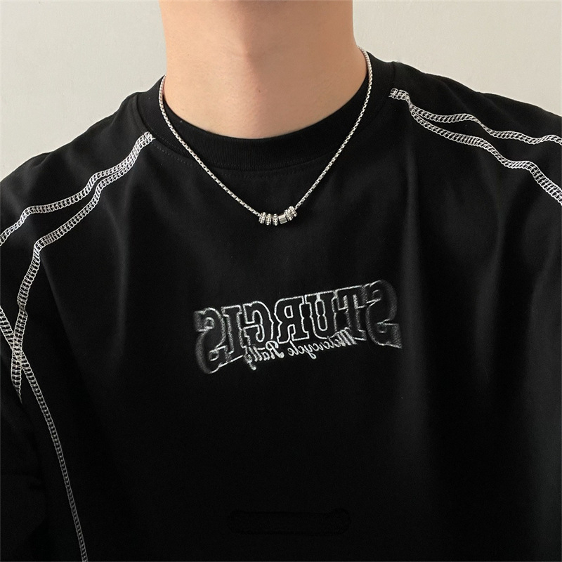 Unisex κολιέ από τιτάνιο ατσάλι με γεωμετρικό κυκλικό κρεμαστό, αλυσίδα με σφαιρίδια, ηλεκτροπλατιωμένη επίστρωση, κρεμαστό από χαλκό