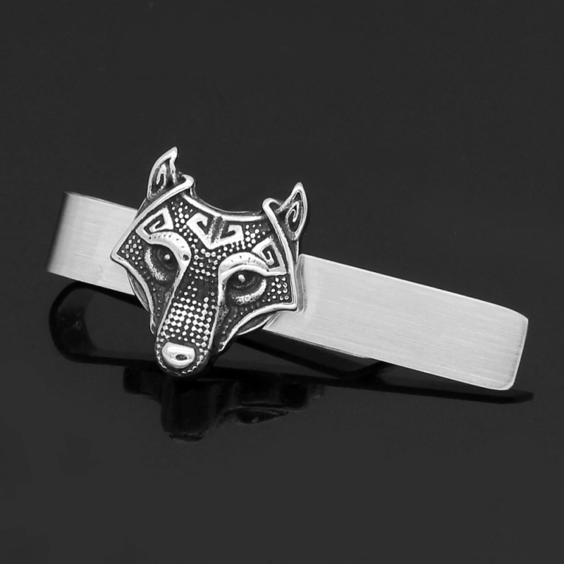Klip za kravatu od titan čelika, ravna glava, unisex, retro, motiv glave vuka