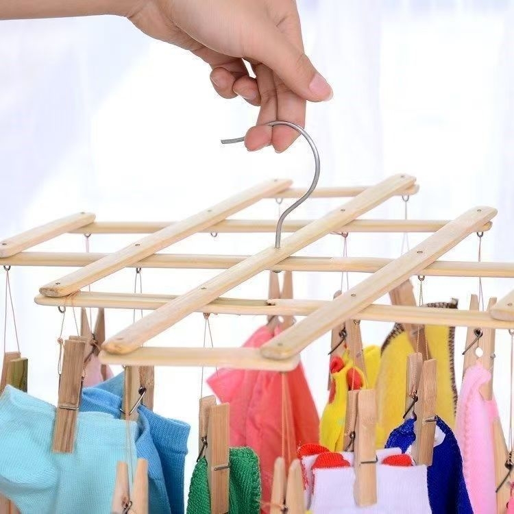 Bambusest teleskoopiline riidepuu 16 klipsiga, tõmmatav ja kokkupandav, sobib riietele, rätikutele ja sokkidele