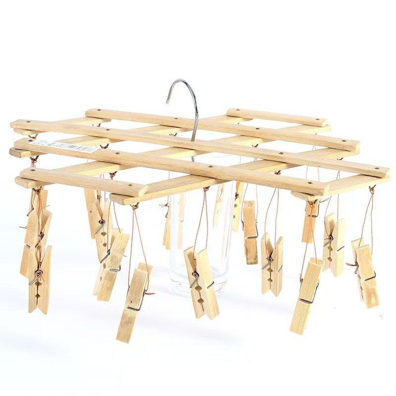 Bambusest teleskoopiline riidepuu 16 klipsiga, tõmmatav ja kokkupandav, sobib riietele, rätikutele ja sokkidele