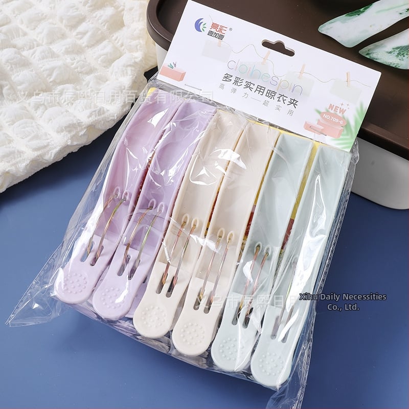 Műanyag szárítóklipek, modell 709-6, 6 darabos csomag, szélálló, quiltokhoz és ruhákhoz