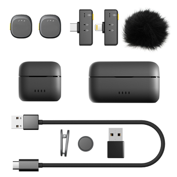 Microfon Lavalier wireless pentru streaming dual, înregistrare și filmare, cu reducere AI a zgomotului, clip-on | 2 canale | omnidirecțional | baterie încorporată