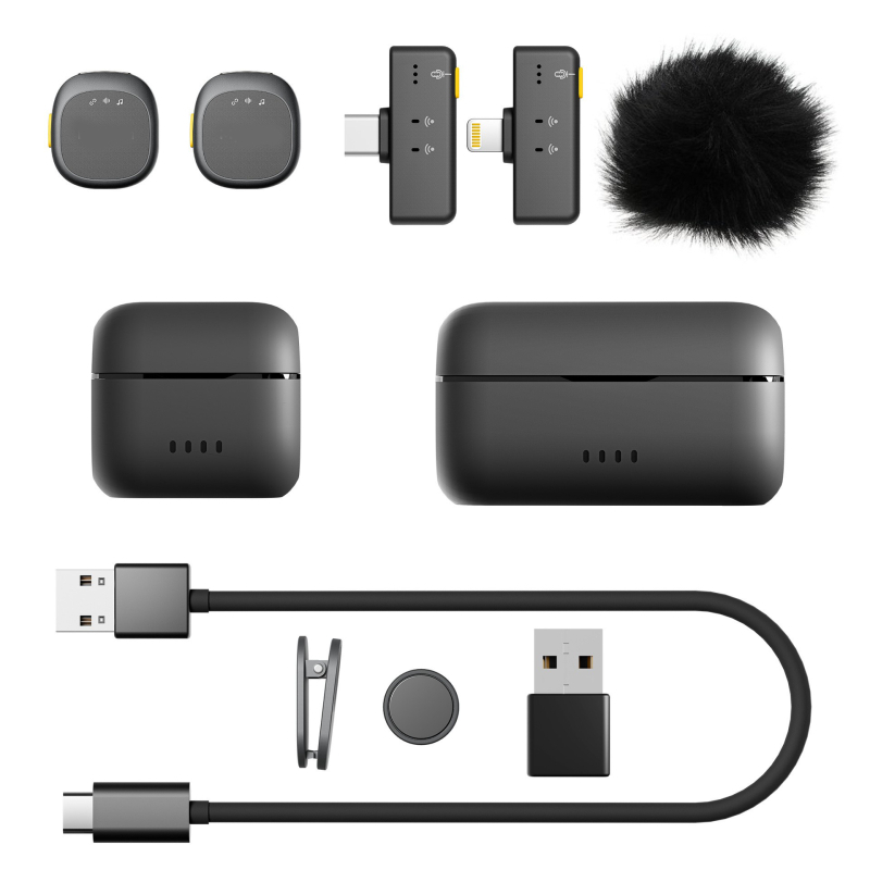 Microfon Lavalier wireless pentru streaming dual, înregistrare și filmare, cu reducere AI a zgomotului, clip-on | 2 canale | omnidirecțional | baterie încorporată