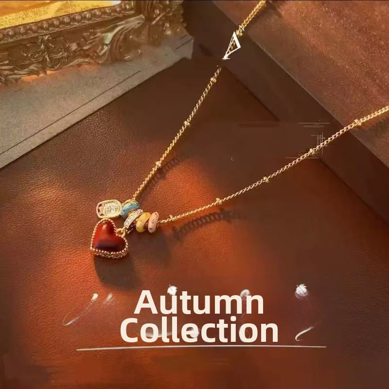 Colier cu inimă dublă, din aliaj de cupru, pandantiv placat cu aur 18k, lanț clavicular, stil Xiaoxiangfeng, proaspăt și dulce