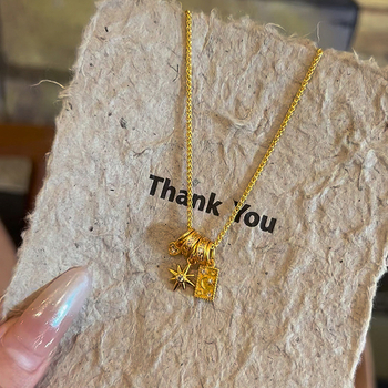 Colier cu pandantiv în formă de stea; cupru placat cu aur ecologic; tehnică de fabricație veche; lanț standard; stil nișă literar retro; lansare toamnă 2024