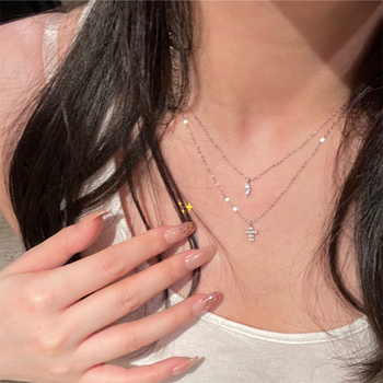 Colier cu cruce pentru femei - pandant dublu strat cu zirconiu în formă de picătură de apă, pe lanț din oțel inoxidabil, design geometric, lux ușor