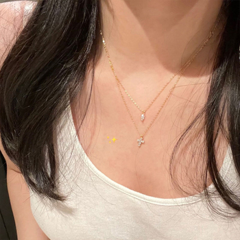 Colier cu cruce pentru femei - pandant dublu strat cu zirconiu în formă de picătură de apă, pe lanț din oțel inoxidabil, design geometric, lux ușor