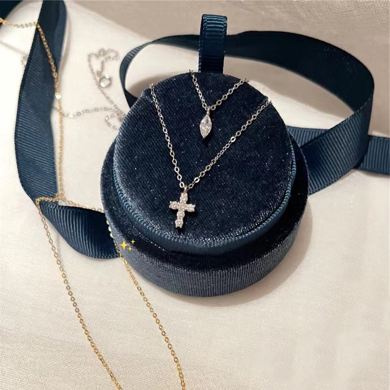 Colier cu cruce pentru femei - pandant dublu strat cu zirconiu în formă de picătură de apă, pe lanț din oțel inoxidabil, design geometric, lux ușor