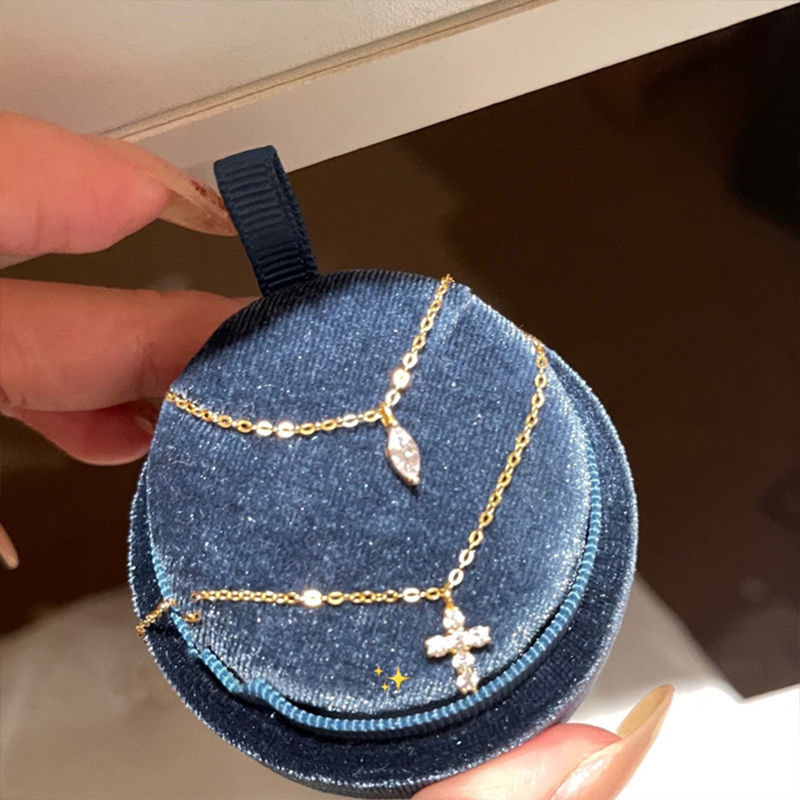 Colier cu cruce pentru femei - pandant dublu strat cu zirconiu în formă de picătură de apă, pe lanț din oțel inoxidabil, design geometric, lux ușor