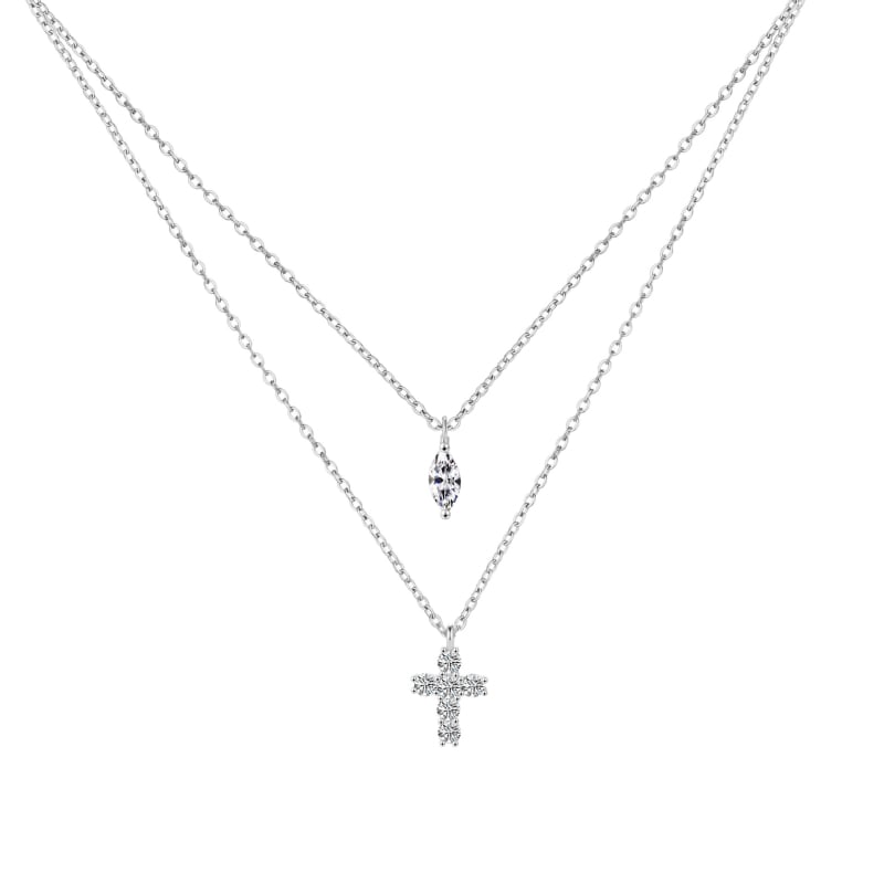 Colier cu cruce pentru femei - pandant dublu strat cu zirconiu în formă de picătură de apă, pe lanț din oțel inoxidabil, design geometric, lux ușor