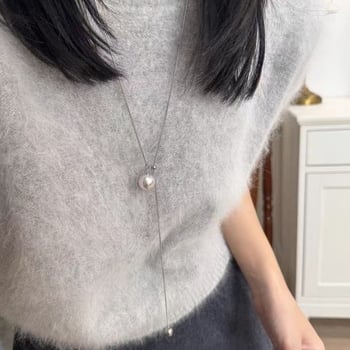 Colier cu pandantiv din perle artificiale, lanț tip șarpe, lungime reglabilă 61–70 cm, electroplacat, stil geometric-sport