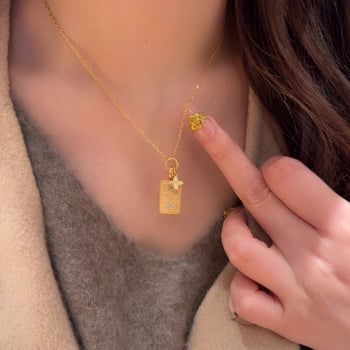 Colier cu pandantiv geometric în formă de trifoi cu patru foi, accente din alamă, lanț din cupru ecologic, lanț obișnuit, lansare toamnă 2025, stil nișă, stil personalizat