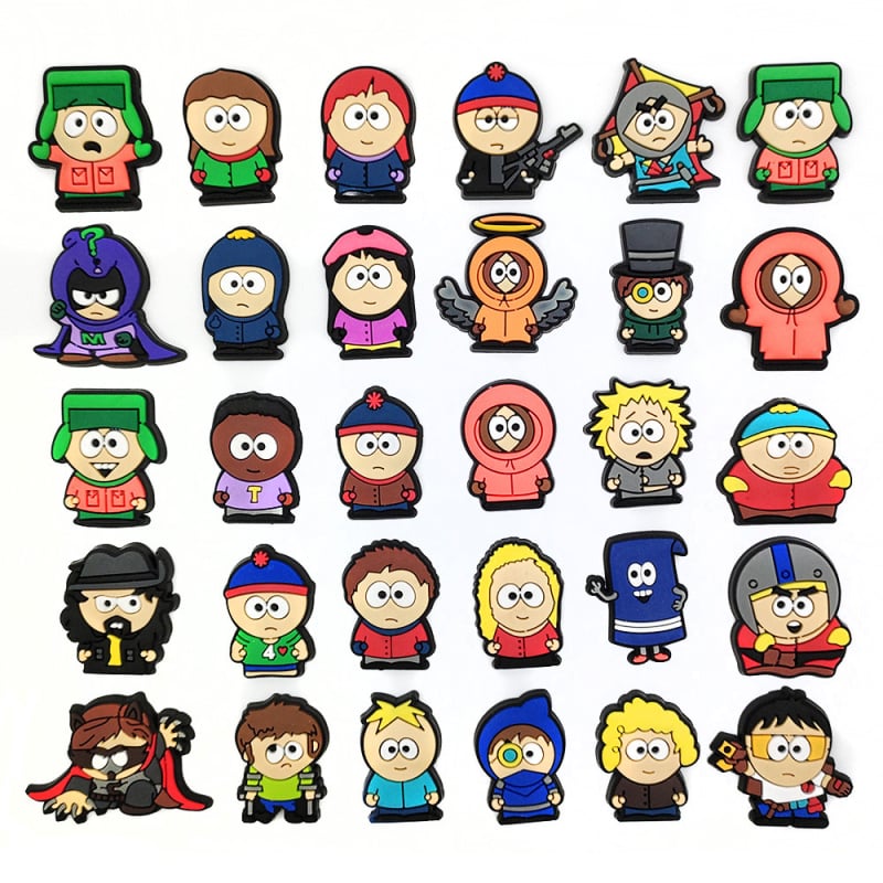 30 darabos készlet virág alakú díszcsatok Crocs-stílusú papucsokhoz – South Park motívum, DIY kerti cipő kiegészítők, egész évben használható