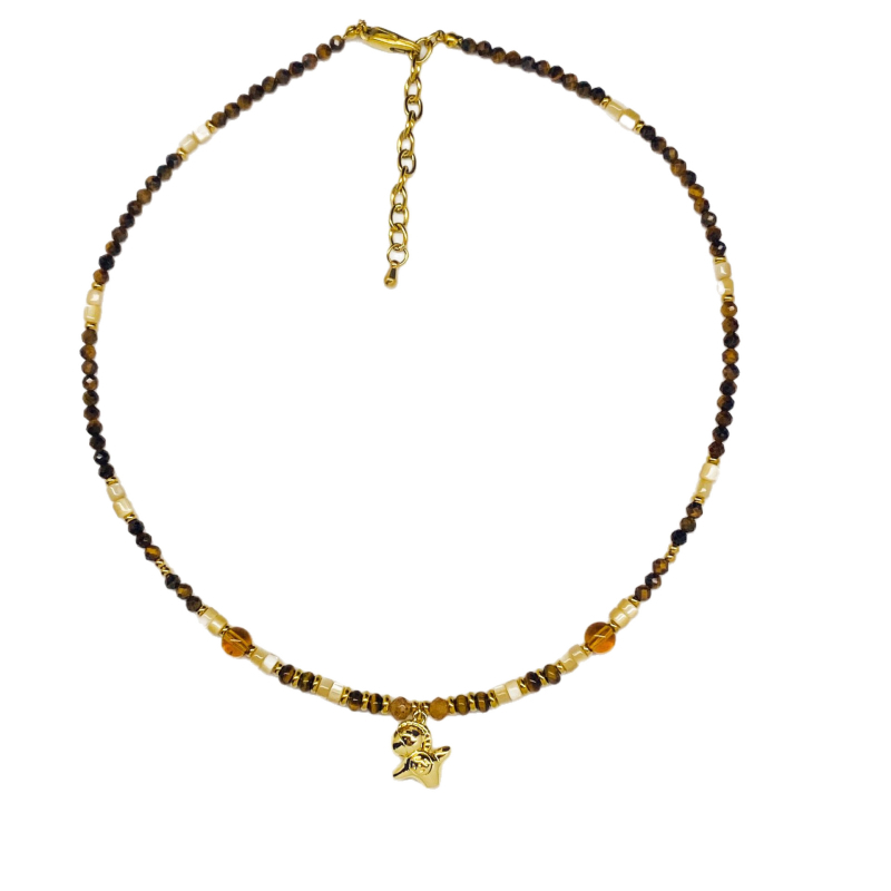 Колие за ключици от тигрово око с естествени раковини и мъниста (Материал: тигрово око; Стил: модно ежедневие; Произход: Лишиу; Технология: прецизна изработка; Година/Сезон: есен 2025)