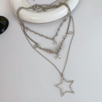 Colier cu stea în mai multe straturi — aliaj de zinc, placare electrolitică, stea geometrică, stil Vânt Rece