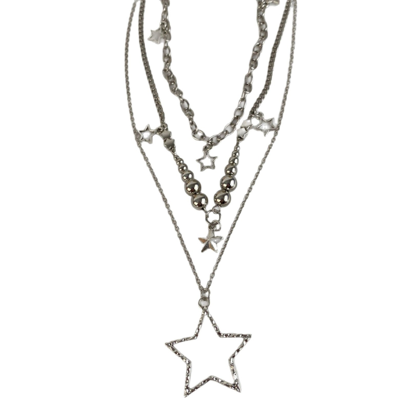 Colier cu stea în mai multe straturi — aliaj de zinc, placare electrolitică, stea geometrică, stil Vânt Rece
