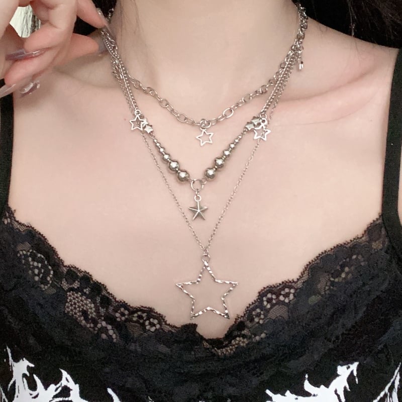 Colier cu stea în mai multe straturi — aliaj de zinc, placare electrolitică, stea geometrică, stil Vânt Rece