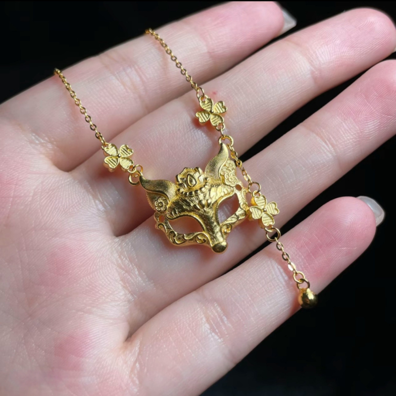 Colier cu mască de vulpe, Argint 925, Stil antic, Lanț Flash o