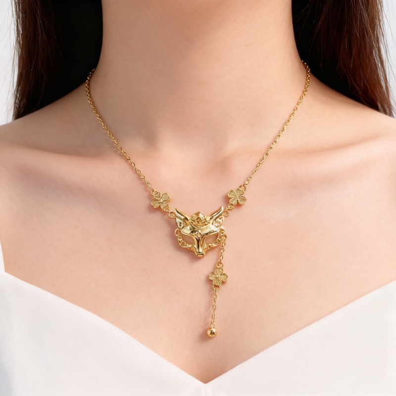 Colier cu mască de vulpe, Argint 925, Stil antic, Lanț Flash o