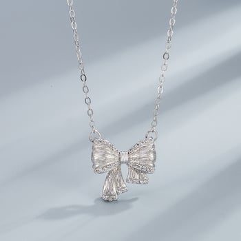 Colier cu pandantiv în formă de fundă din argint 925, lanț cu motiv floare-cruz, 2,15 g, Xiaowei silver jewelry