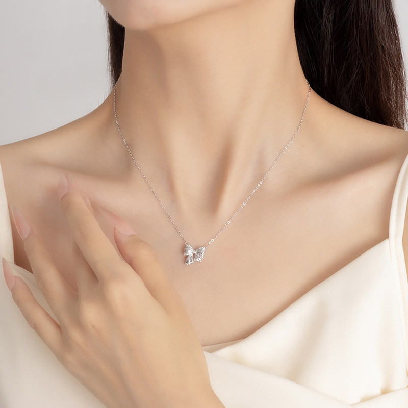 Colier cu pandantiv în formă de fundă din argint 925, lanț cu motiv floare-cruz, 2,15 g, Xiaowei silver jewelry