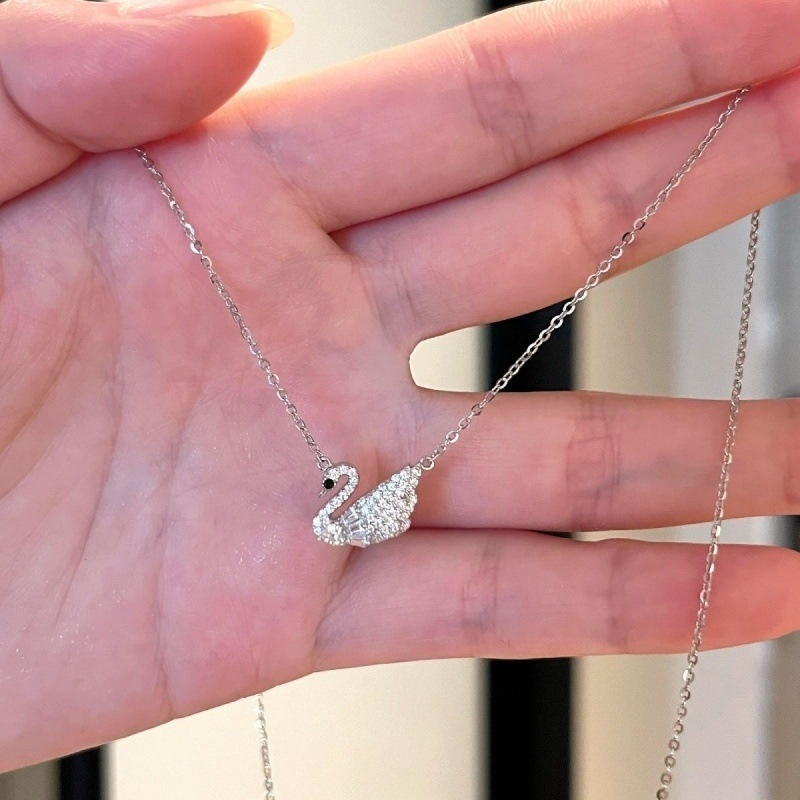 Colier cu pandantiv lebădă din argint 925, inserție cu diamant, lanț în formă de O, bijuterie de modă