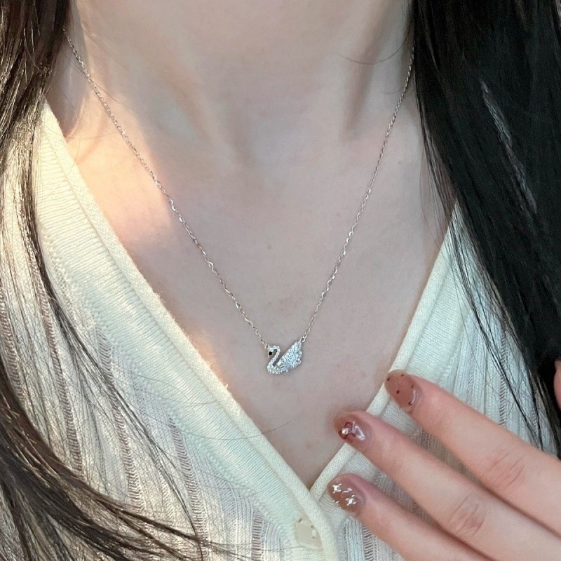 Colier cu pandantiv lebădă din argint 925, inserție cu diamant, lanț în formă de O, bijuterie de modă