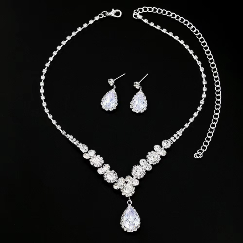 Set ogrlice i naušnica, cvjetni motiv, privjesak od cirkona, duljina 41–50 cm