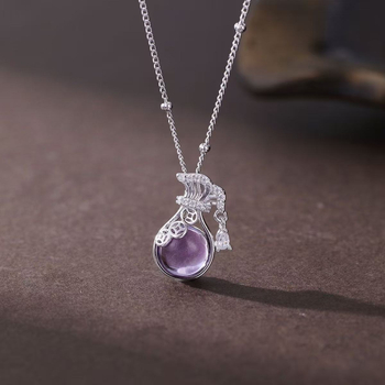 Colier din argint S925 cu pandant geometric, cristale încrustate, lanț lateral, stil medieval literar retro