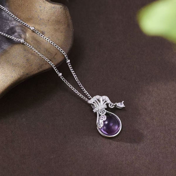 Colier din argint S925 cu pandant geometric, cristale încrustate, lanț lateral, stil medieval literar retro