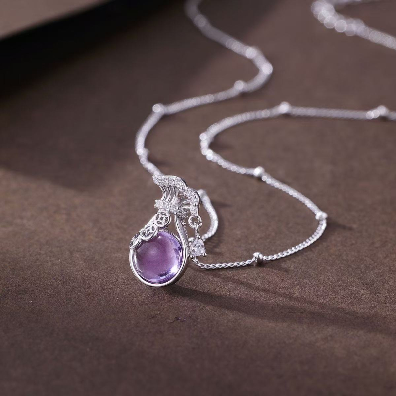 Colier din argint S925 cu pandant geometric, cristale încrustate, lanț lateral, stil medieval literar retro