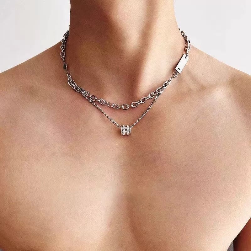 Ogrlica od titan čelika s kubanskim lancem, višeslojna, bakreni privjesak, stil boyfriend