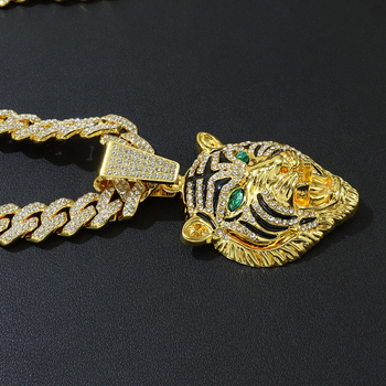 Colier cu pandantiv cap de tigru încrustat cu diamante, pe lanț cubanez, stil hip hop, aliaj, model GXL-5125.
