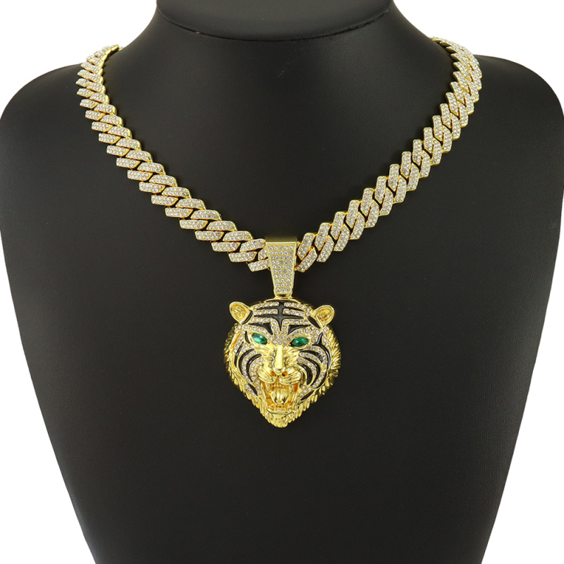 Colier cu pandantiv cap de tigru încrustat cu diamante, pe lanț cubanez, stil hip hop, aliaj, model GXL-5125.