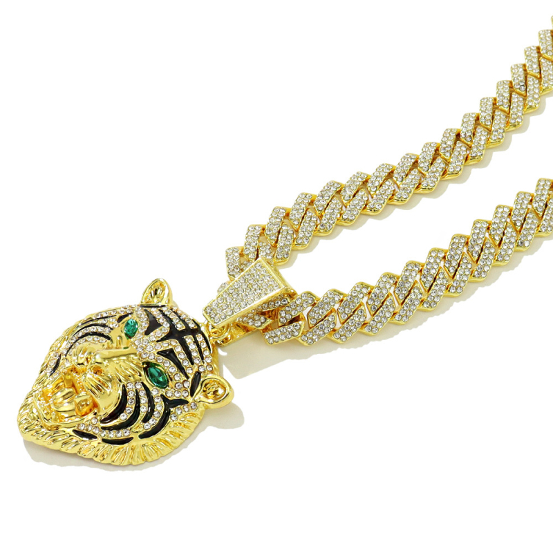 Colier cu pandantiv cap de tigru încrustat cu diamante, pe lanț cubanez, stil hip hop, aliaj, model GXL-5125.