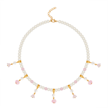 Κολιέ με γυαλί/ γλαζούρα, χειροποίητο; μήκος 41–50 εκ; αλυσίδα με σφαιρίδια; αντιϊκό στυλ; διακοσμημένο με λουλούδια και σταγόνα