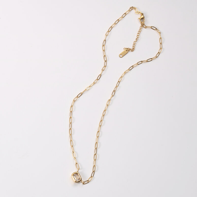 Κολιέ με γεωμετρικό τετράγωνο κρεμαστό από ζιρκόν, αλυσίδα τιτάνιο-χάλυβα με σχέδιο σφυρήλατου σταυρού, επίχρυση επίστρωση 18Κ