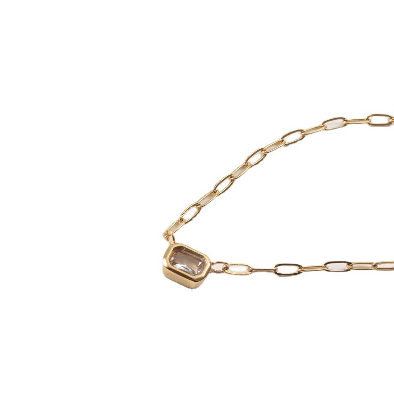 Κολιέ με γεωμετρικό τετράγωνο κρεμαστό από ζιρκόν, αλυσίδα τιτάνιο-χάλυβα με σχέδιο σφυρήλατου σταυρού, επίχρυση επίστρωση 18Κ