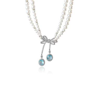 Κολιέ με σχήμα φιόγκο, ηλεκτροπλατιωμένο χαλκό-κράμα, μενταγιόν με ζιρκόν, μαργαριταρένια αλυσίδα