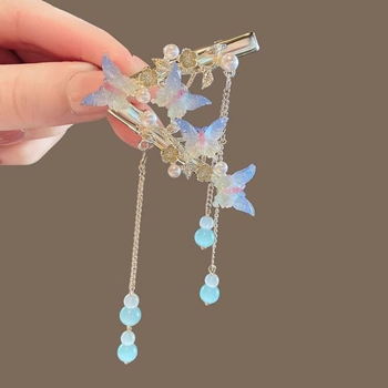 Clamă de păr Hanfu antic cu ciucuri și ornament floral, din aliaj, clips lateral